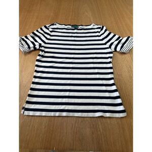 Lauren Ralph Lauren Womens L Black White Striped Boat Neck Cotton Top